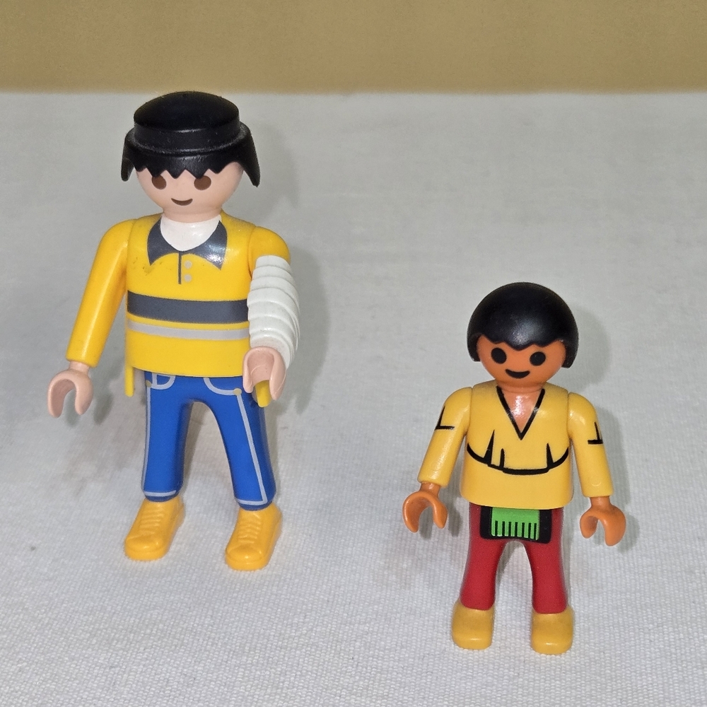 2 Vintage Playmobile Geobra Figurines, a Native American Boy, and a Injuried Man